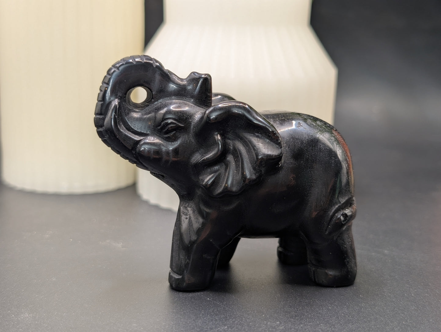 Black Obsidian Elephant Carving - Figurine