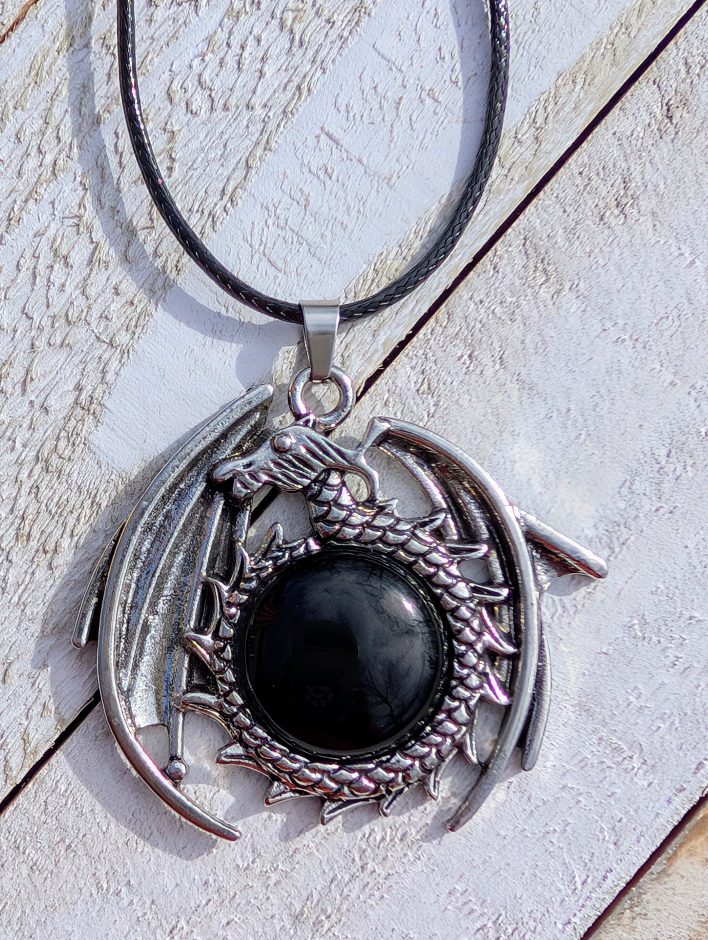 Silver Dragon with Crystal Pendant on Black Wax Rope Chain