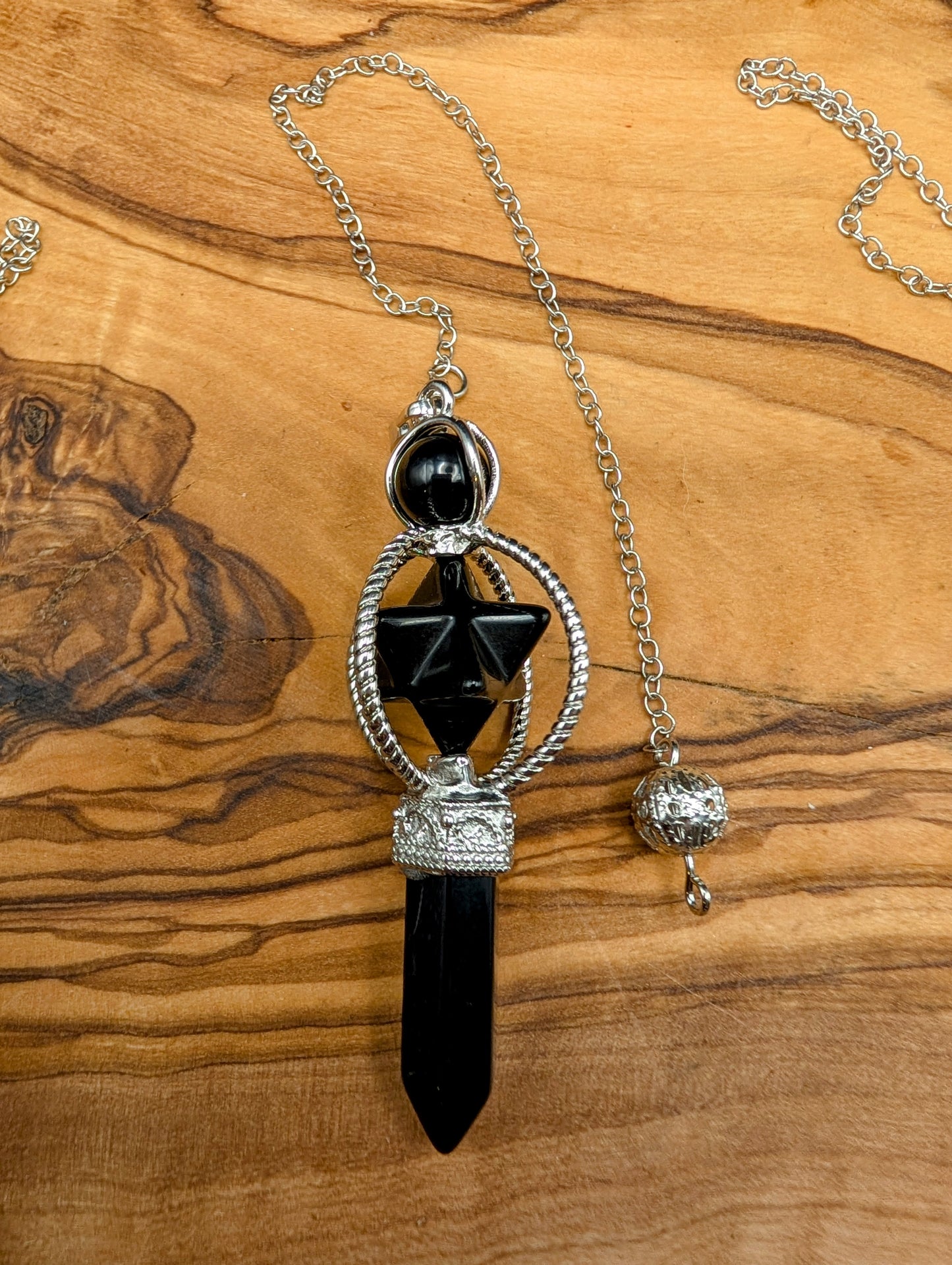 Crystal Merkaba Pendulum with Crystal Points on Silver chains