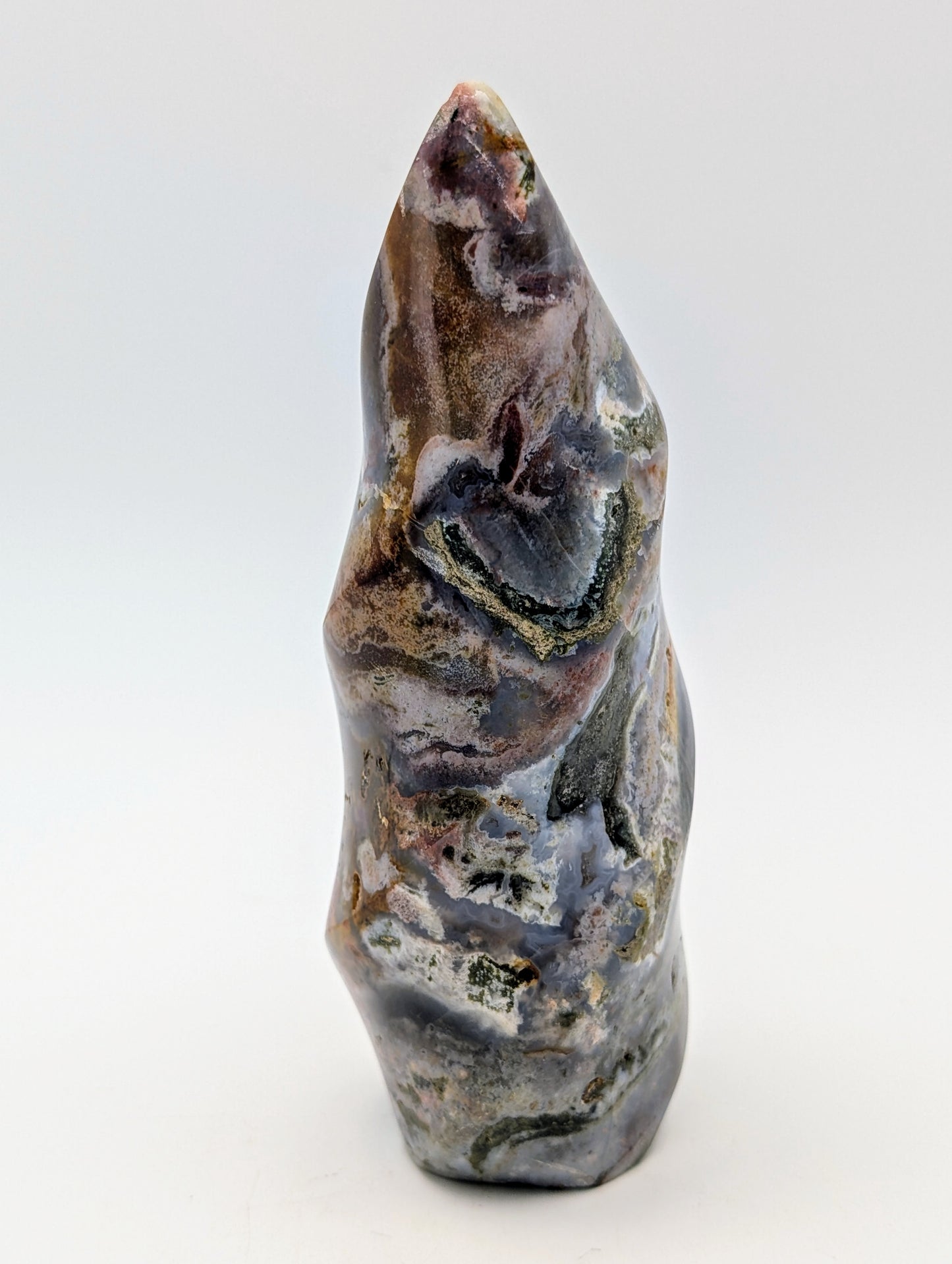 Beautiful Earthy Looking Ocean Jasper Crystal Flames in gorgeous blues, greens, grays with druzy