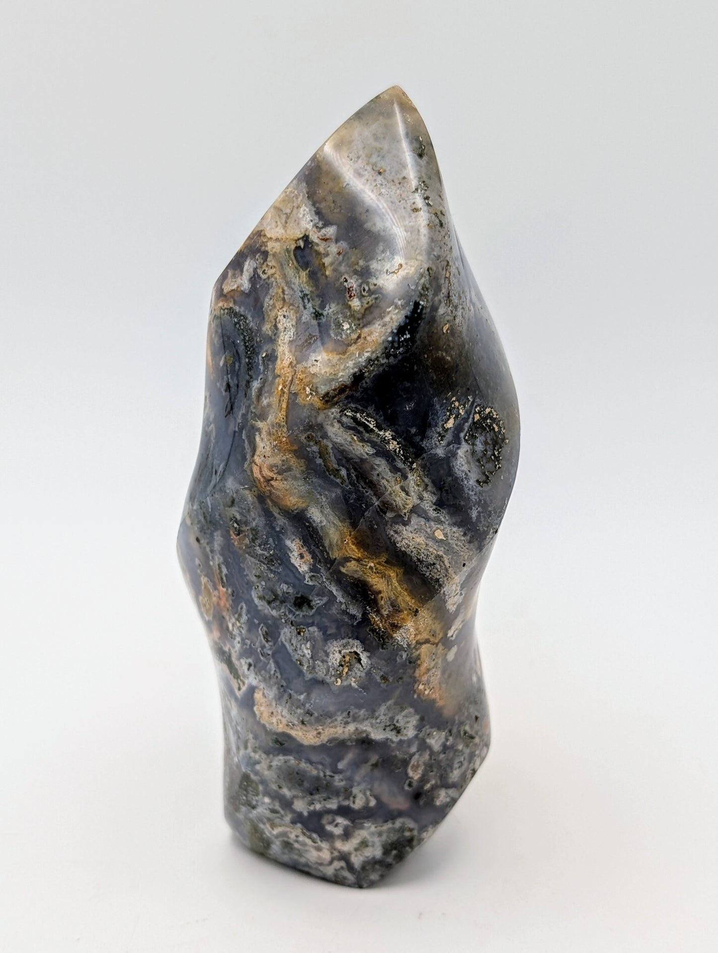 Beautiful Earthy Looking Ocean Jasper Crystal Flames in gorgeous blues, greens, grays with druzy