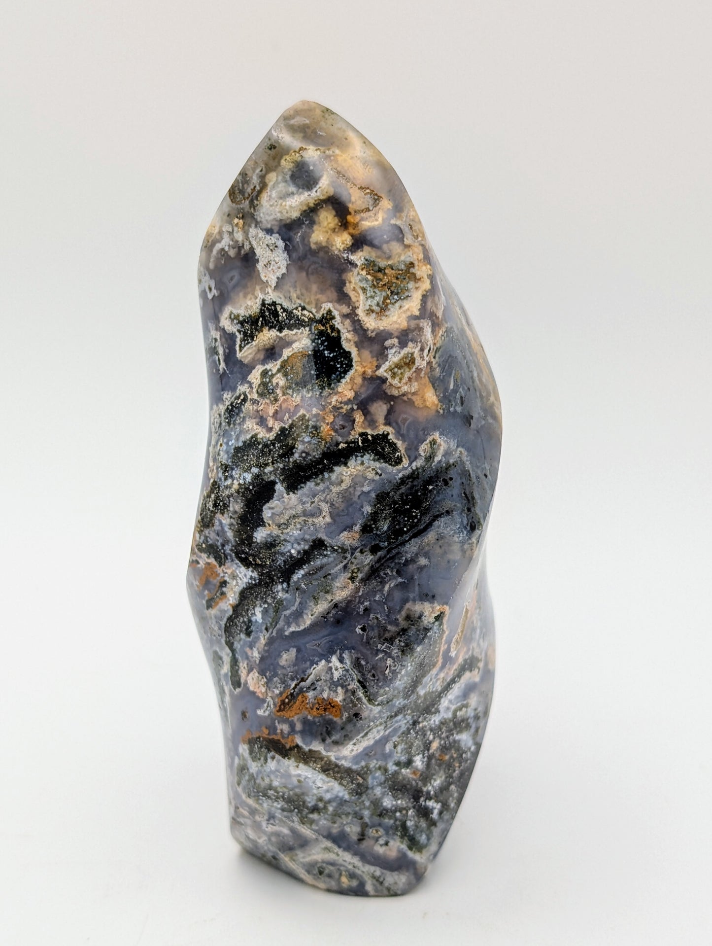 Beautiful Earthy Looking Ocean Jasper Crystal Flames in gorgeous blues, greens, grays with druzy