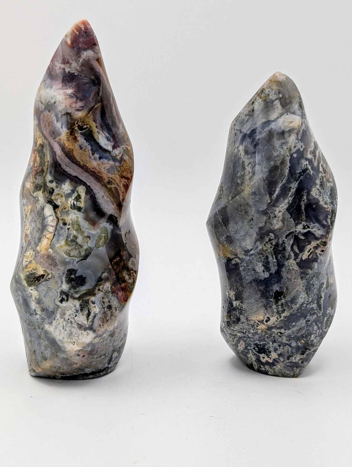 Beautiful Earthy Looking Ocean Jasper Crystal Flames in gorgeous blues, greens, grays with druzy