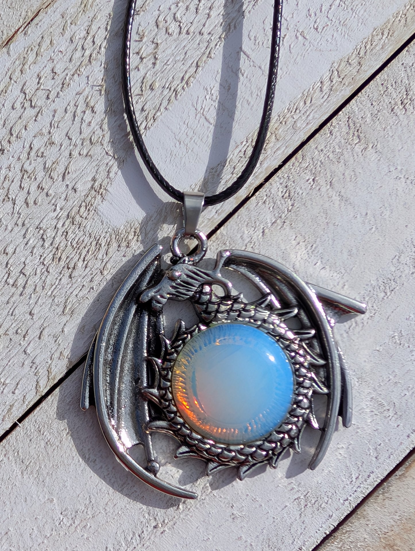 Silver Dragon with Crystal Pendant on Black Wax Rope Chain