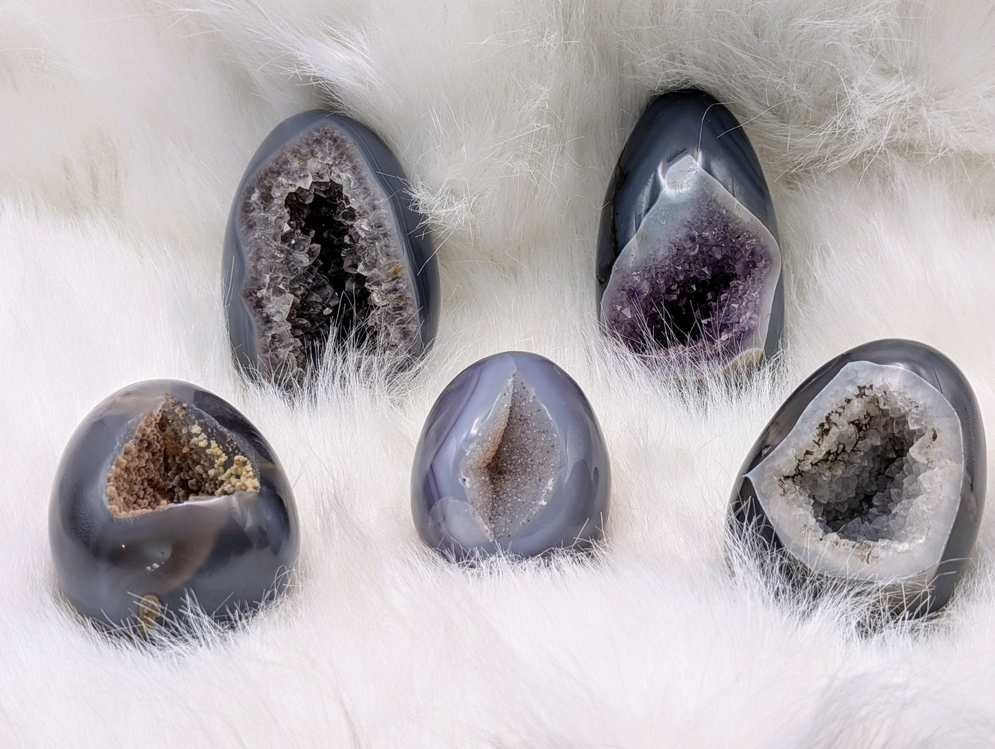 Druzy Agate Crystal Eggs in Blues & Greys with Sparkling Sugar Crystals, Amethyst and Clear Quartz