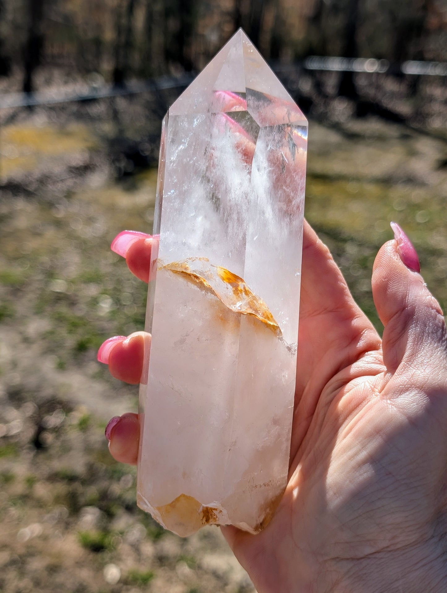 Clear Quartz with Golden Healer - Large Tower with Custom Stand