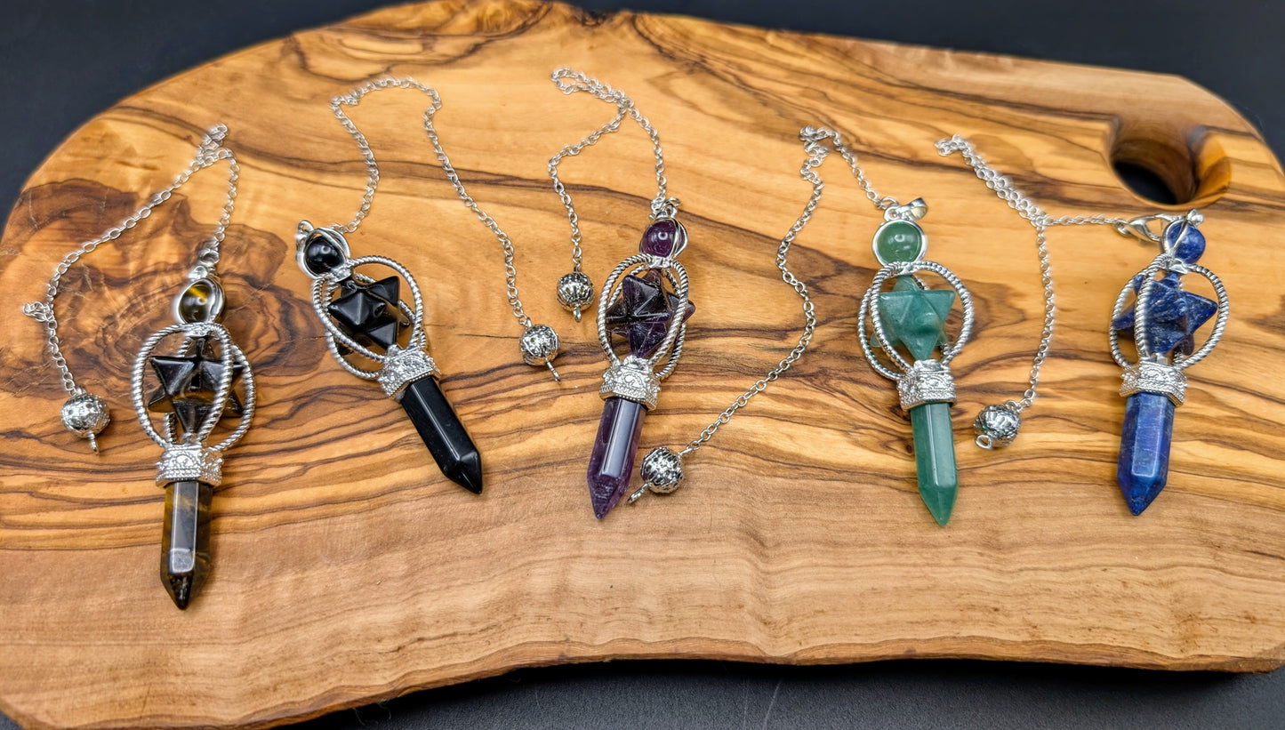 Crystal Merkaba Pendulum with Crystal Points on Silver chains