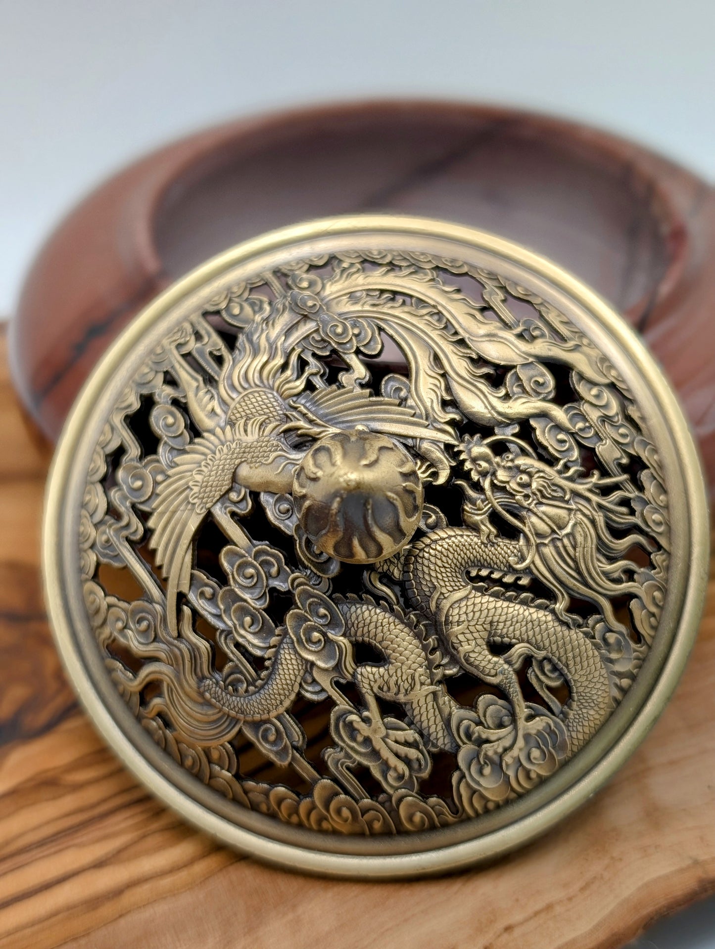 Incense Pot - Picture Jasper with Bronze Intricate Top