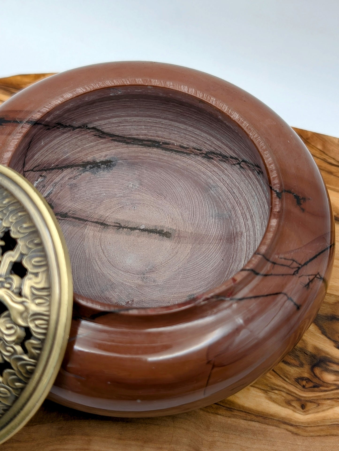 Incense Pot - Picture Jasper with Bronze Intricate Top