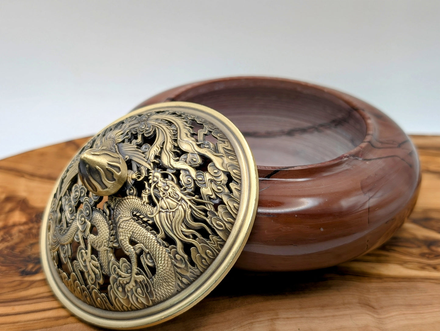 Incense Pot - Picture Jasper with Bronze Intricate Top