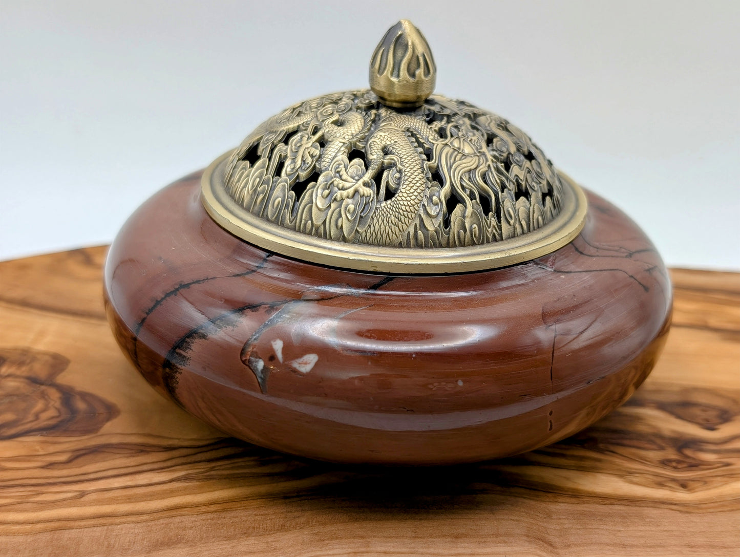 Incense Pot - Picture Jasper with Bronze Intricate Top