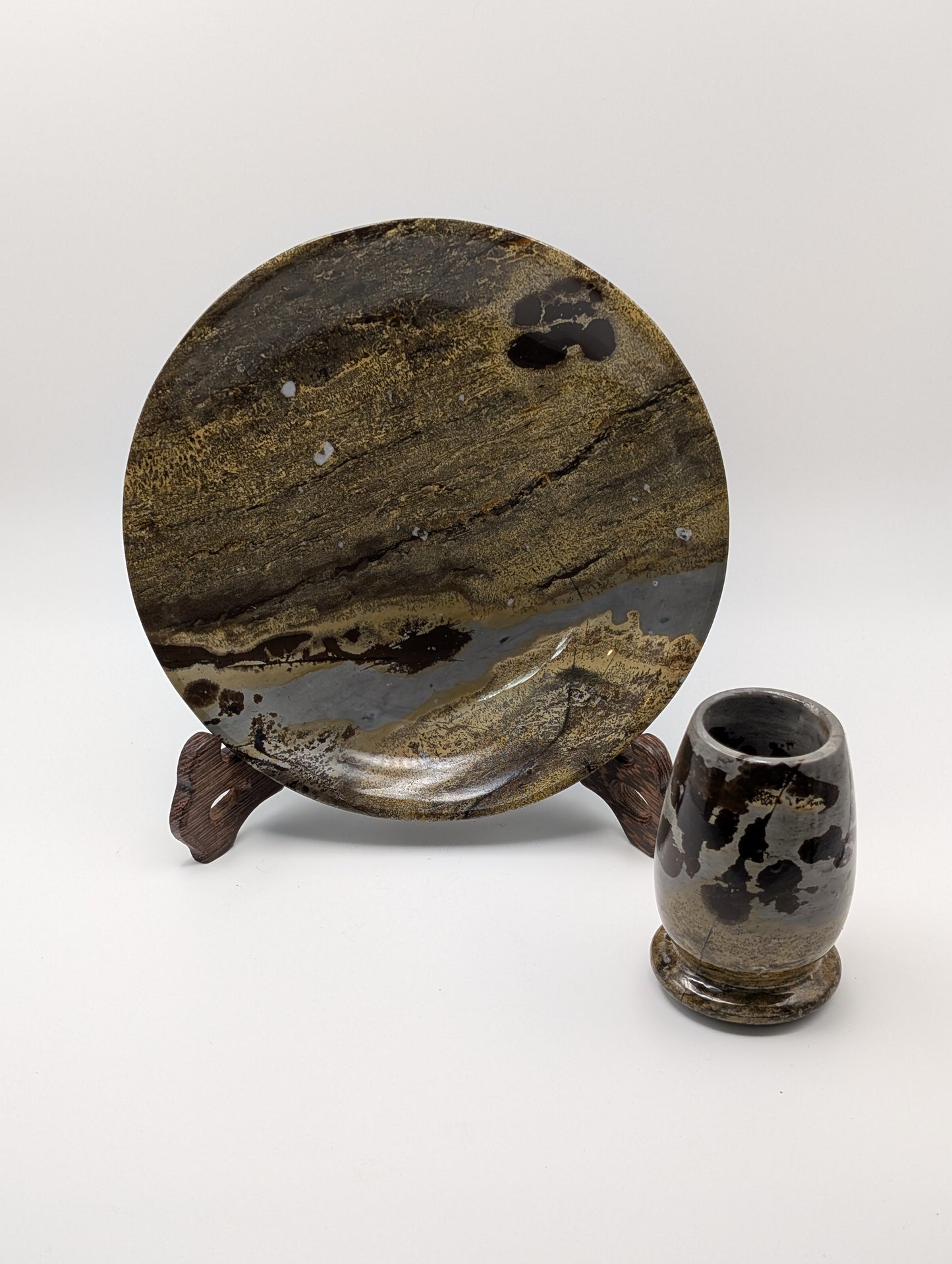 Picture Jasper Stone Plate and Cup Set with Plate display Stand