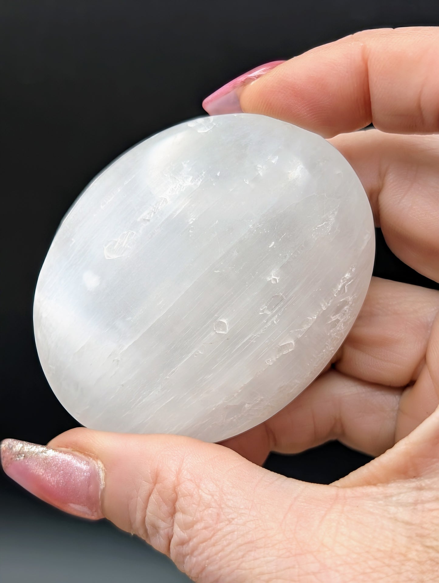 Selenite Palm Stones In Natural Satin Spar or Aura