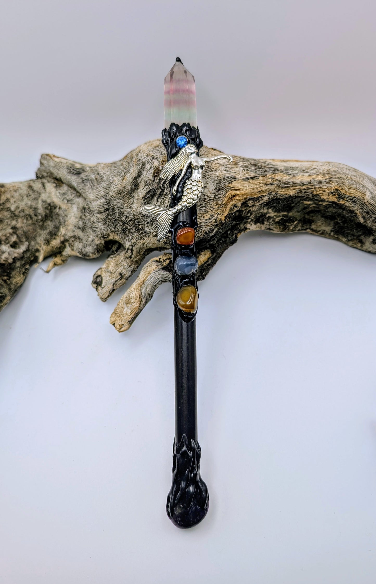 Purple & Green Fluorite Point Crystal Magick Wand adorned with crystal tumble stones, amethyst stone and a silver mermaid