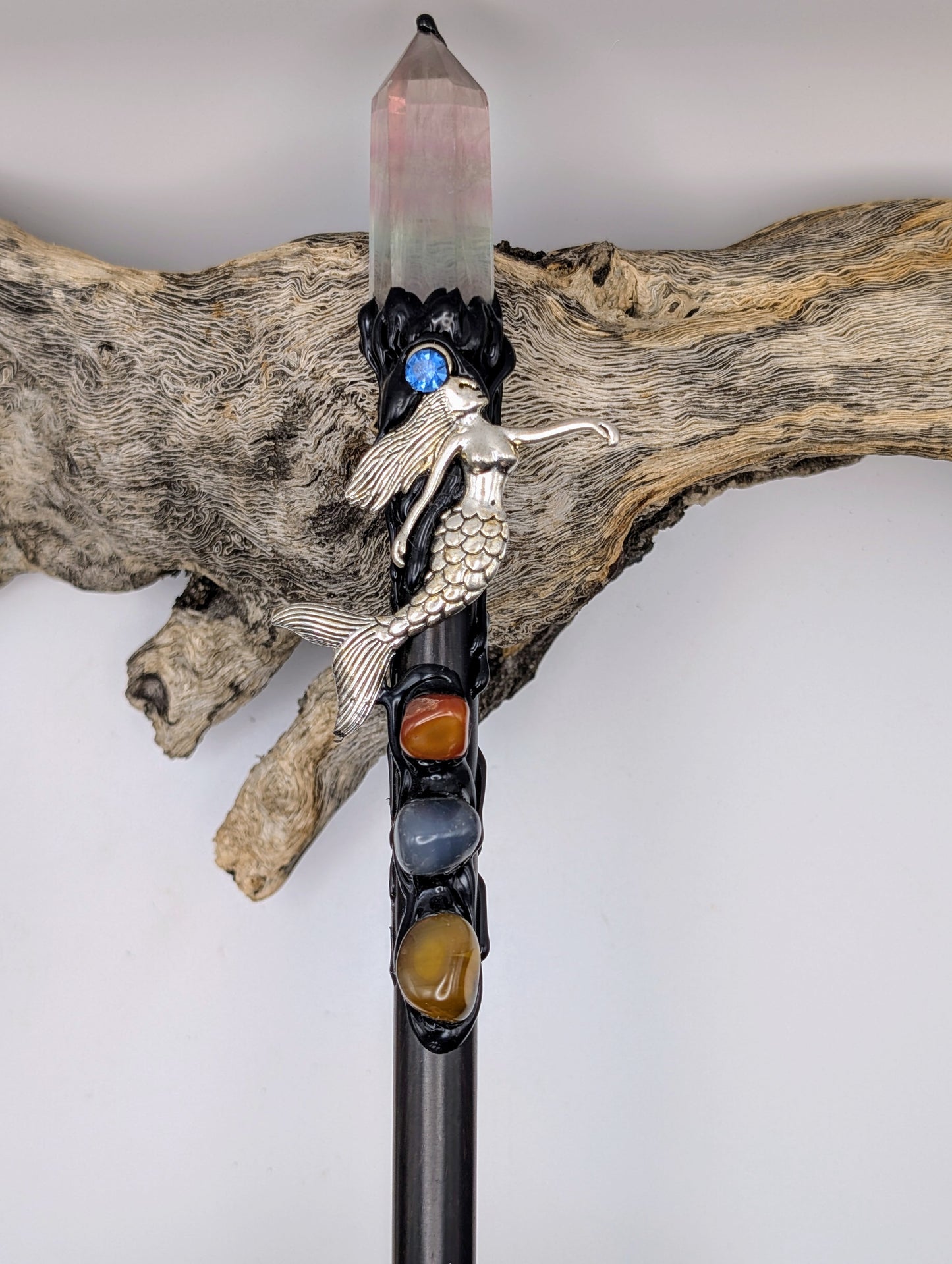 Purple & Green Fluorite Point Crystal Magick Wand adorned with crystal tumble stones, amethyst stone and a silver mermaid