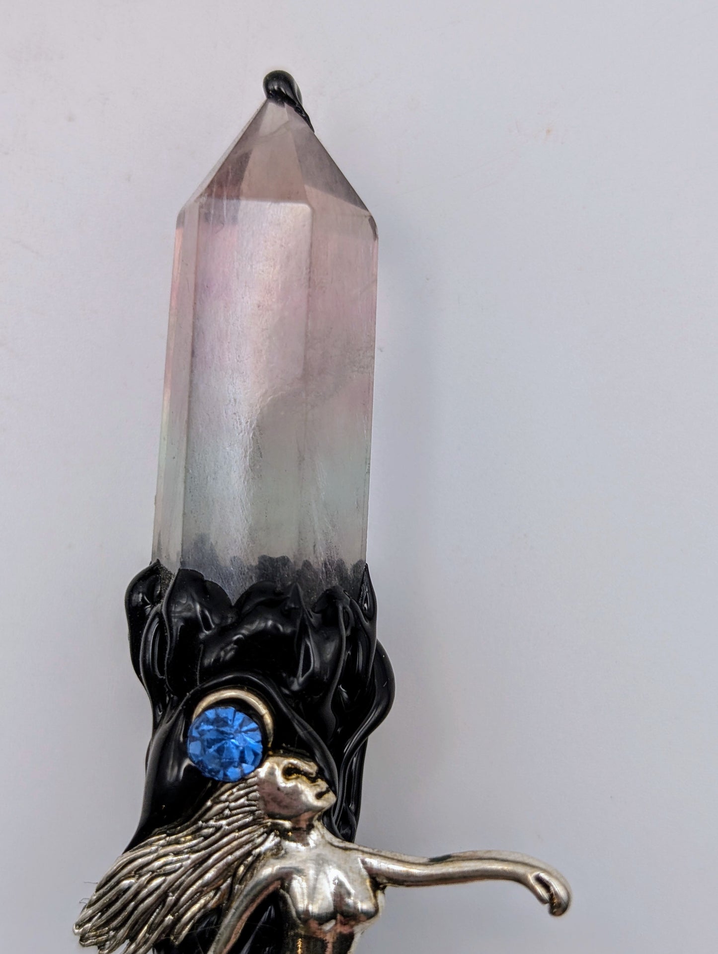 Purple & Green Fluorite Point Crystal Magick Wand adorned with crystal tumble stones, amethyst stone and a silver mermaid