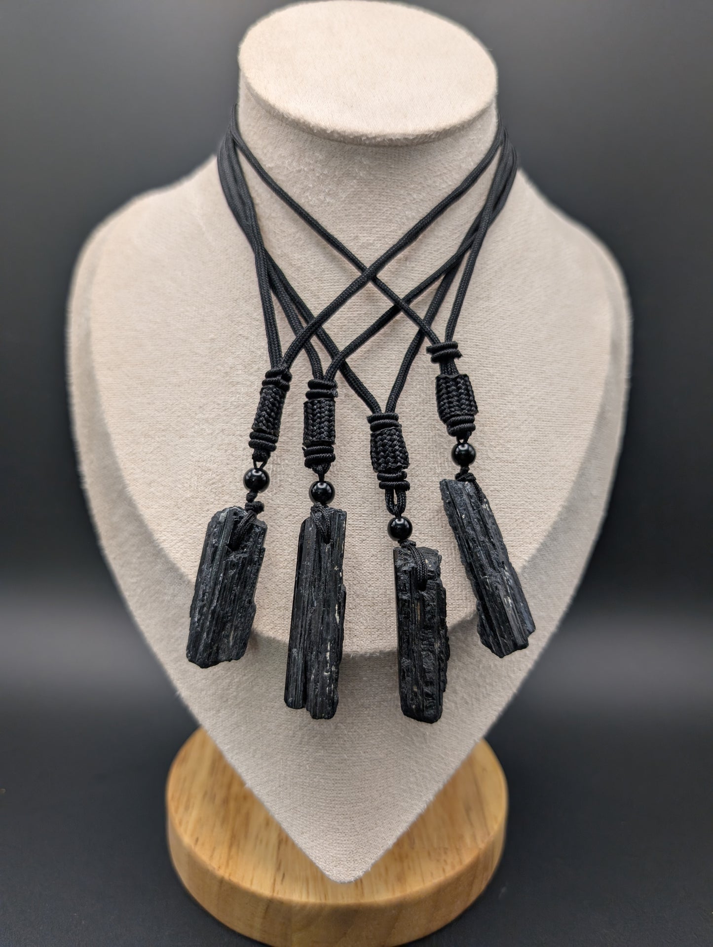 Raw Black Tourmaline Stone Necklace on Rope Chain