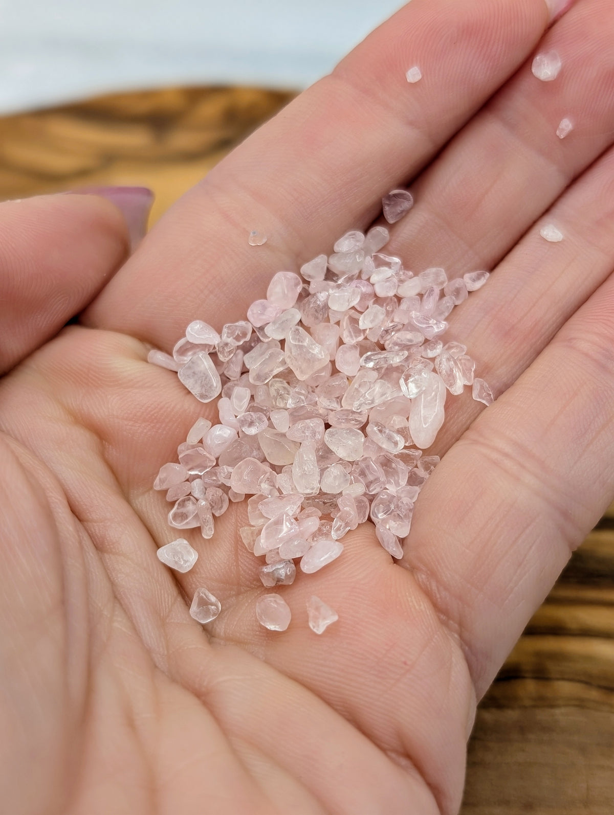 Natural Rose Quartz chips in translucent and pale blush pink tones