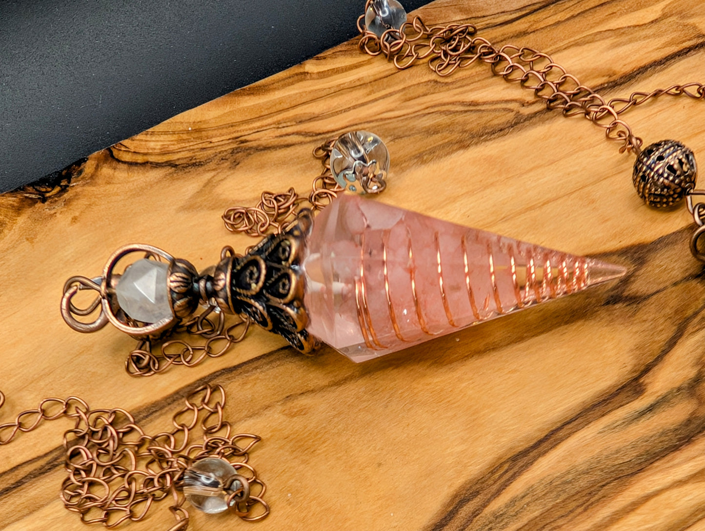 Resin Pendulum With Copper Wire and Crystal Chips & Clear Quartz Beads for Balance