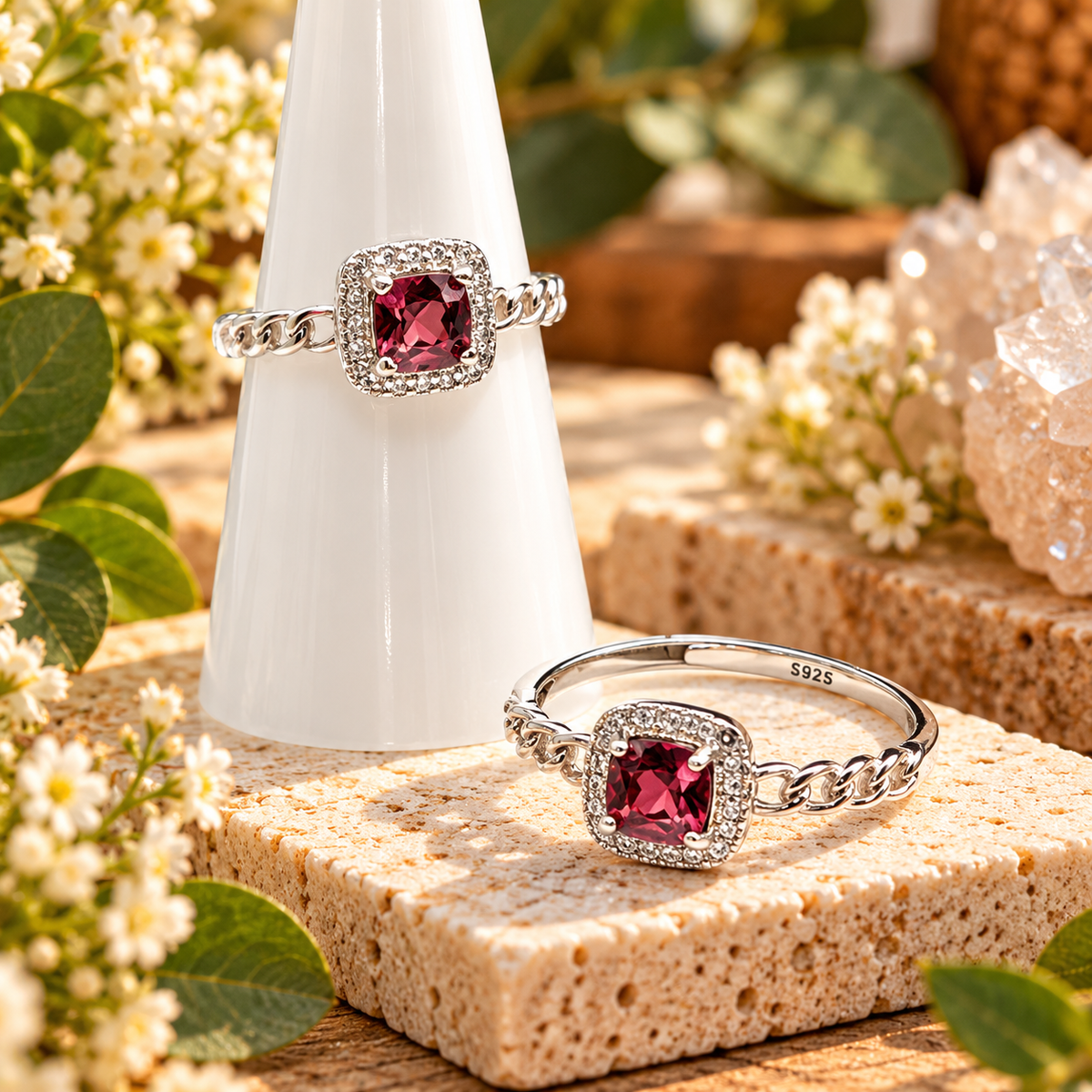Garnet sterling silver adjustable rings with square faceted red gemstones and halo settings
