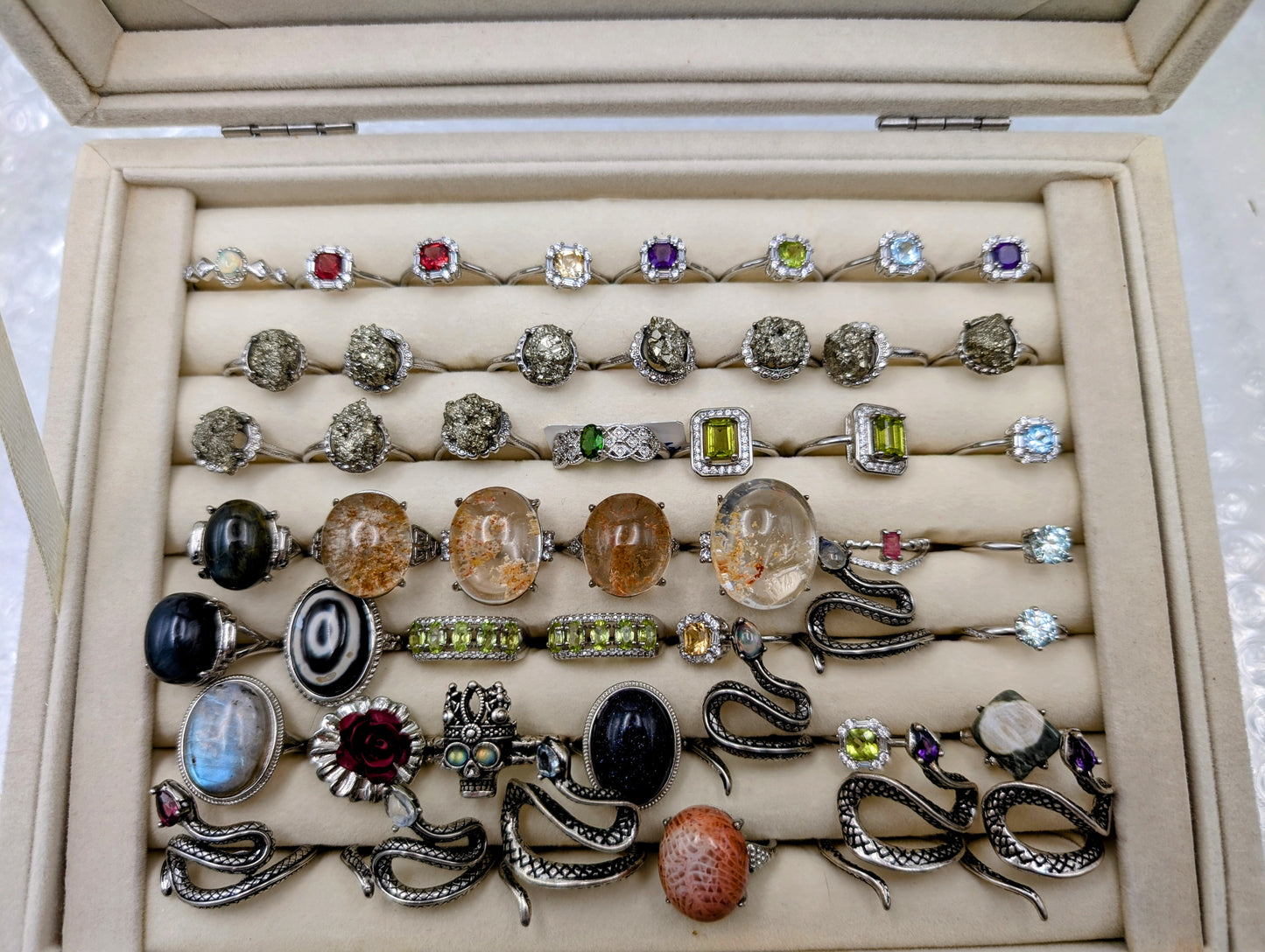 Semi Precious Crystal Gemstones & Birthstone Rings in Common Silver