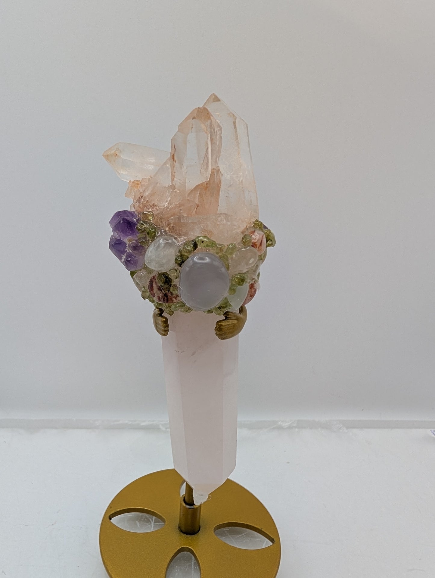 Rose Quartz Wands with Quartz Crystal Points on Top & Adorned with Beautiful Tumbled Stones