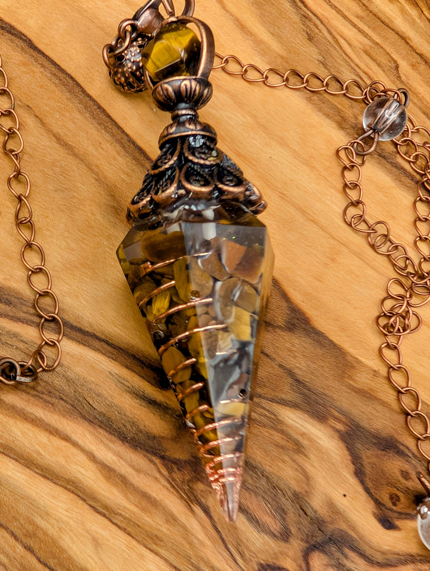 Resin Pendulum With Copper Wire and Crystal Chips & Clear Quartz Beads for Balance