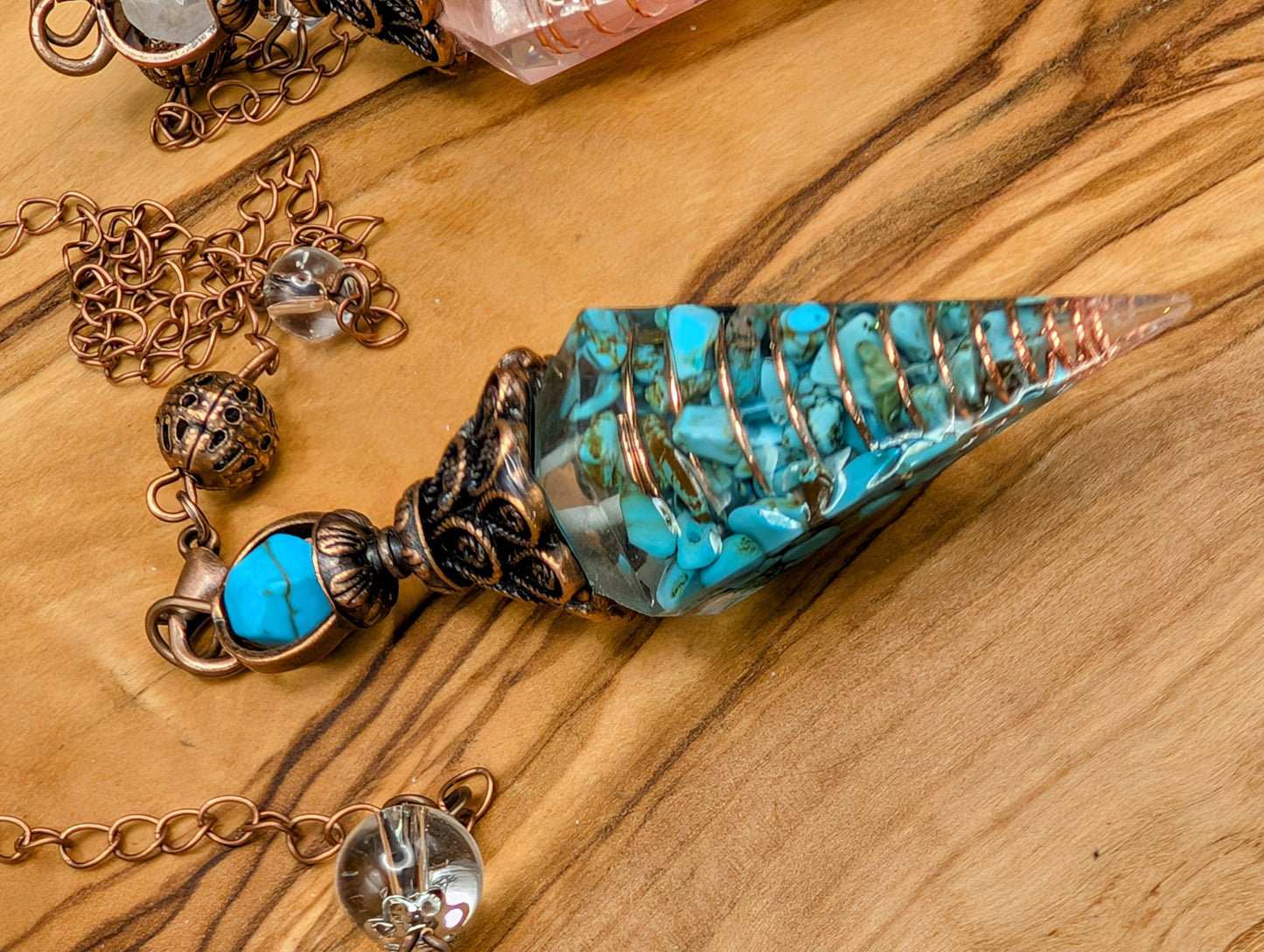Resin Pendulum With Copper Wire and Crystal Chips & Clear Quartz Beads for Balance