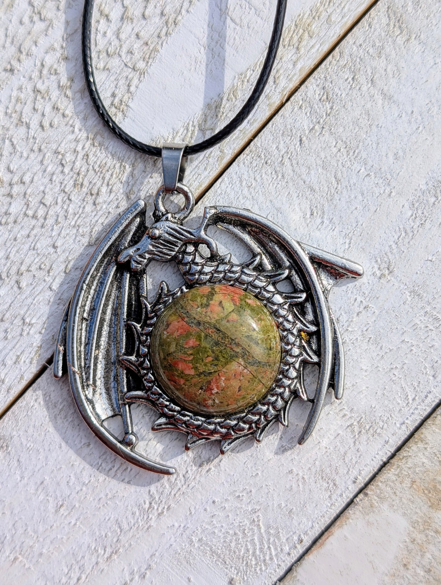 Silver Dragon with Crystal Pendant on Black Wax Rope Chain