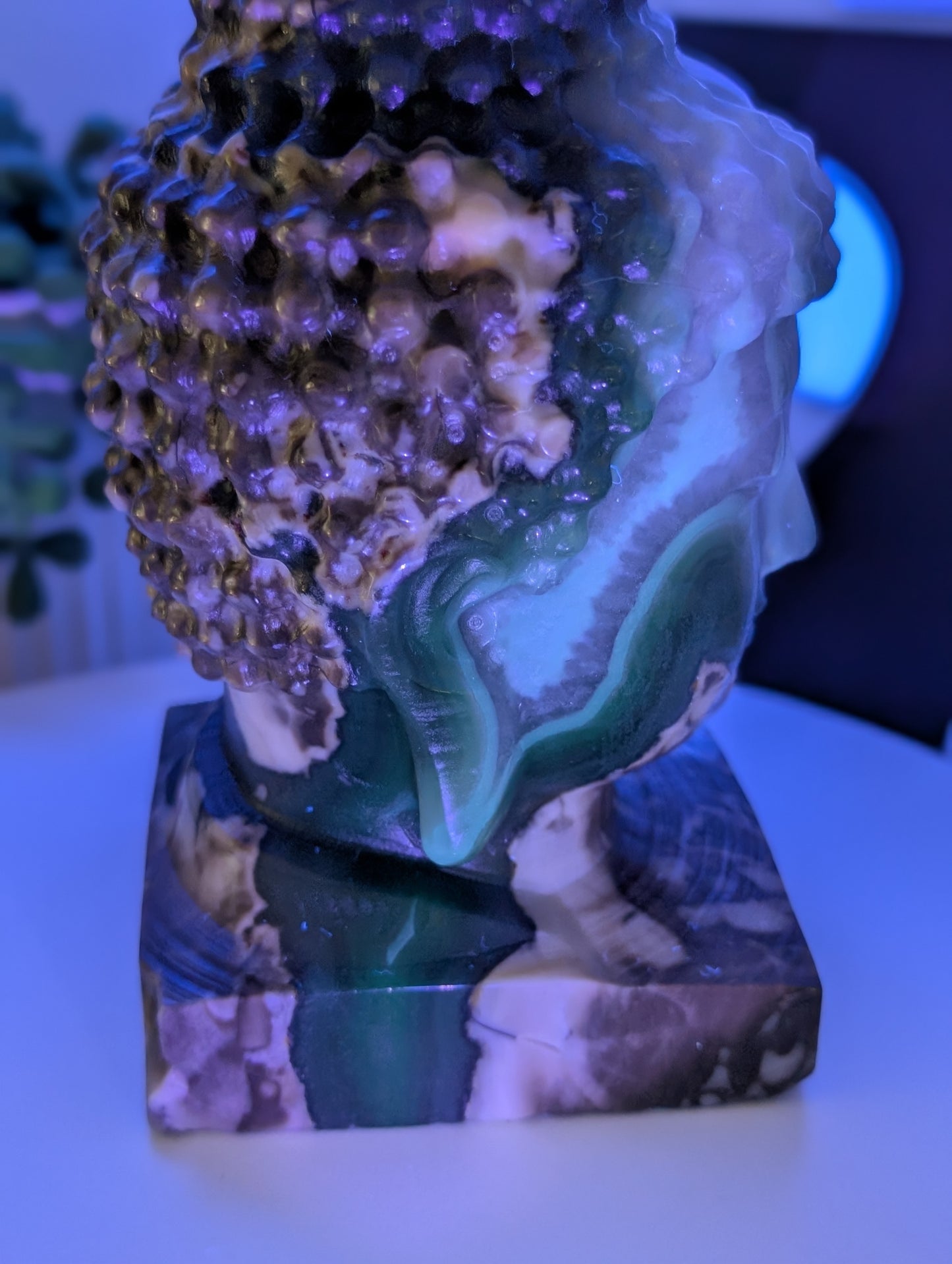 Volcano Agate Buddha Bust Carving - Huge Statement Piece! Excellent UV Reaction!
