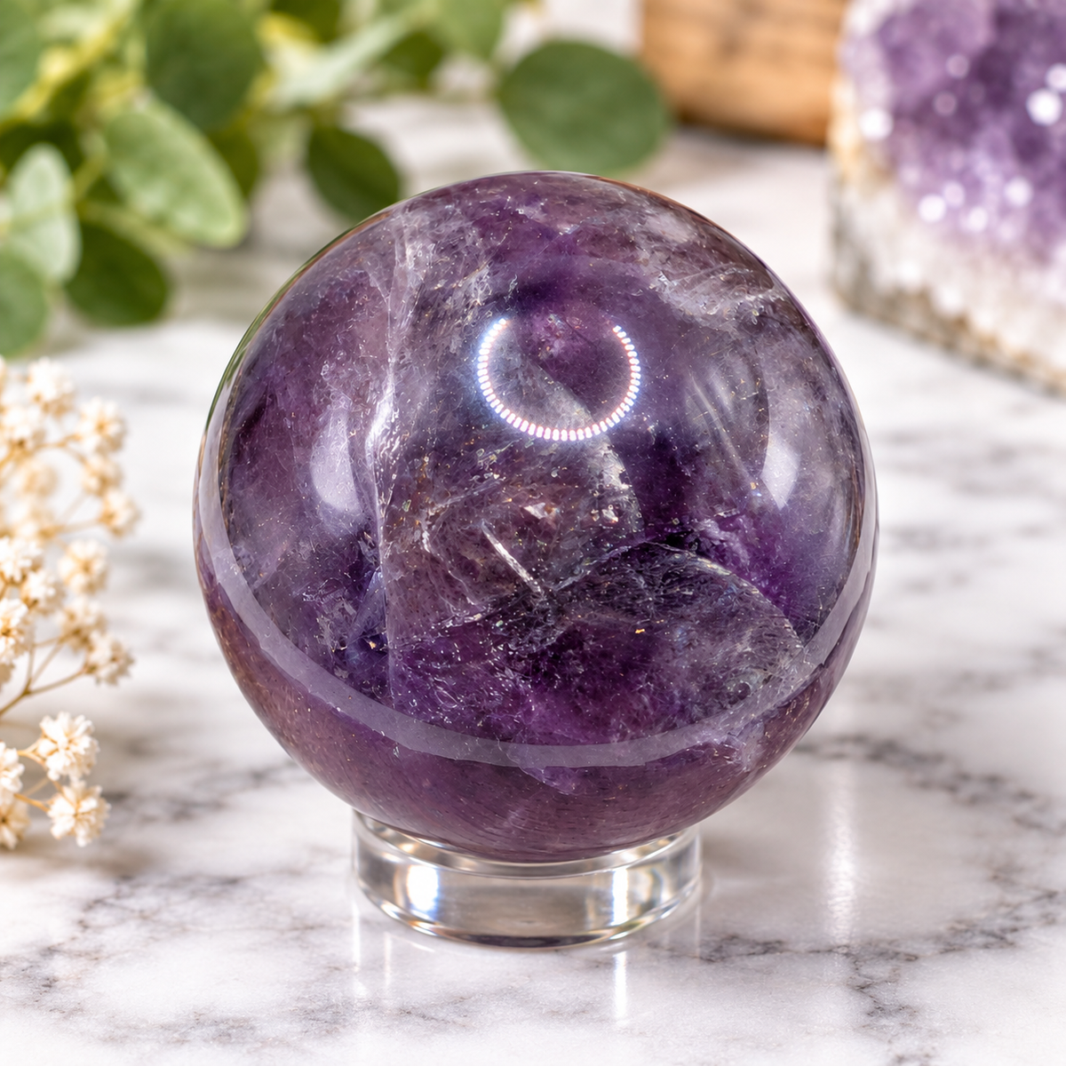 44mm natural Amethyst sphere with deep purple tones, internal inclusions and natural rainbow