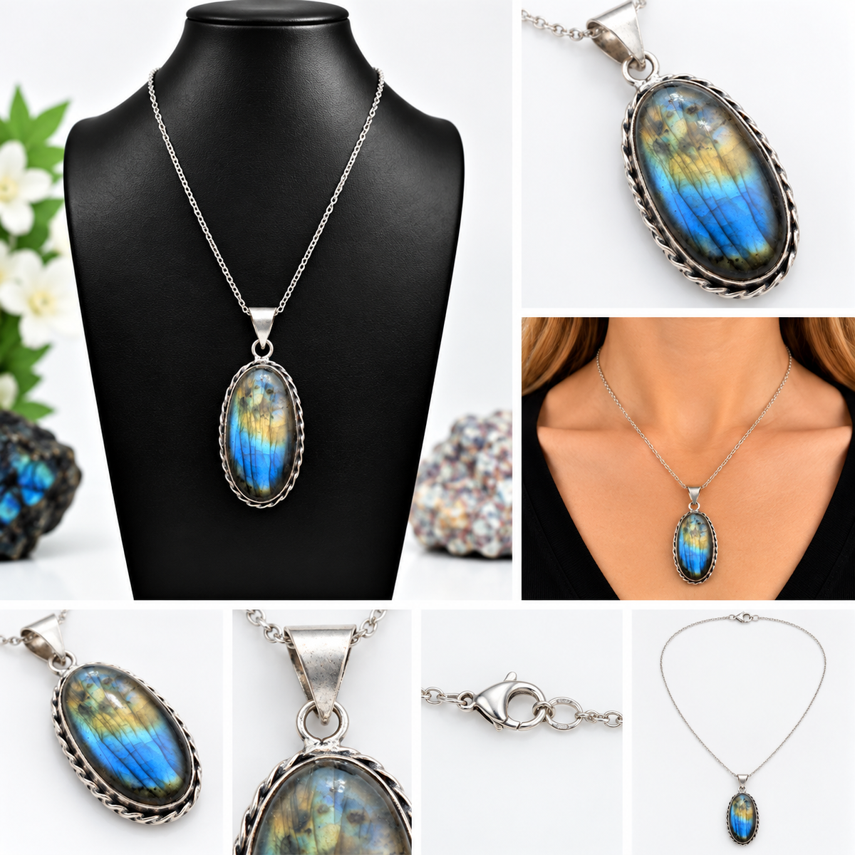 Natural Labradorite pendant necklace with blue and gold flash in 925 sterling silver setting on 16-inch stainless steel chain