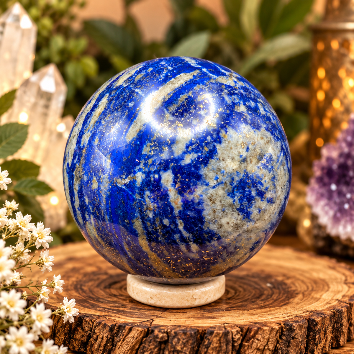 62 mm Lapis Lazuli crystal sphere with deep blue coloring, white calcite patterns and golden flecks in boutique display