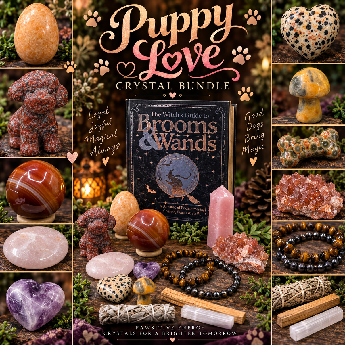 Puppy Love Crystal Bundle collage featuring dog carving, crystal sphere, tower, hearts, bracelets, cleansing tools and spell book storage box