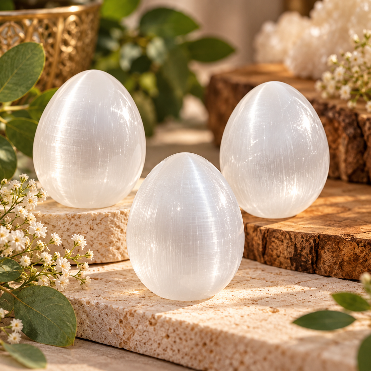 White selenite crystal eggs with natural silky striations displayed in a warm boutique setting with subtle greenery.