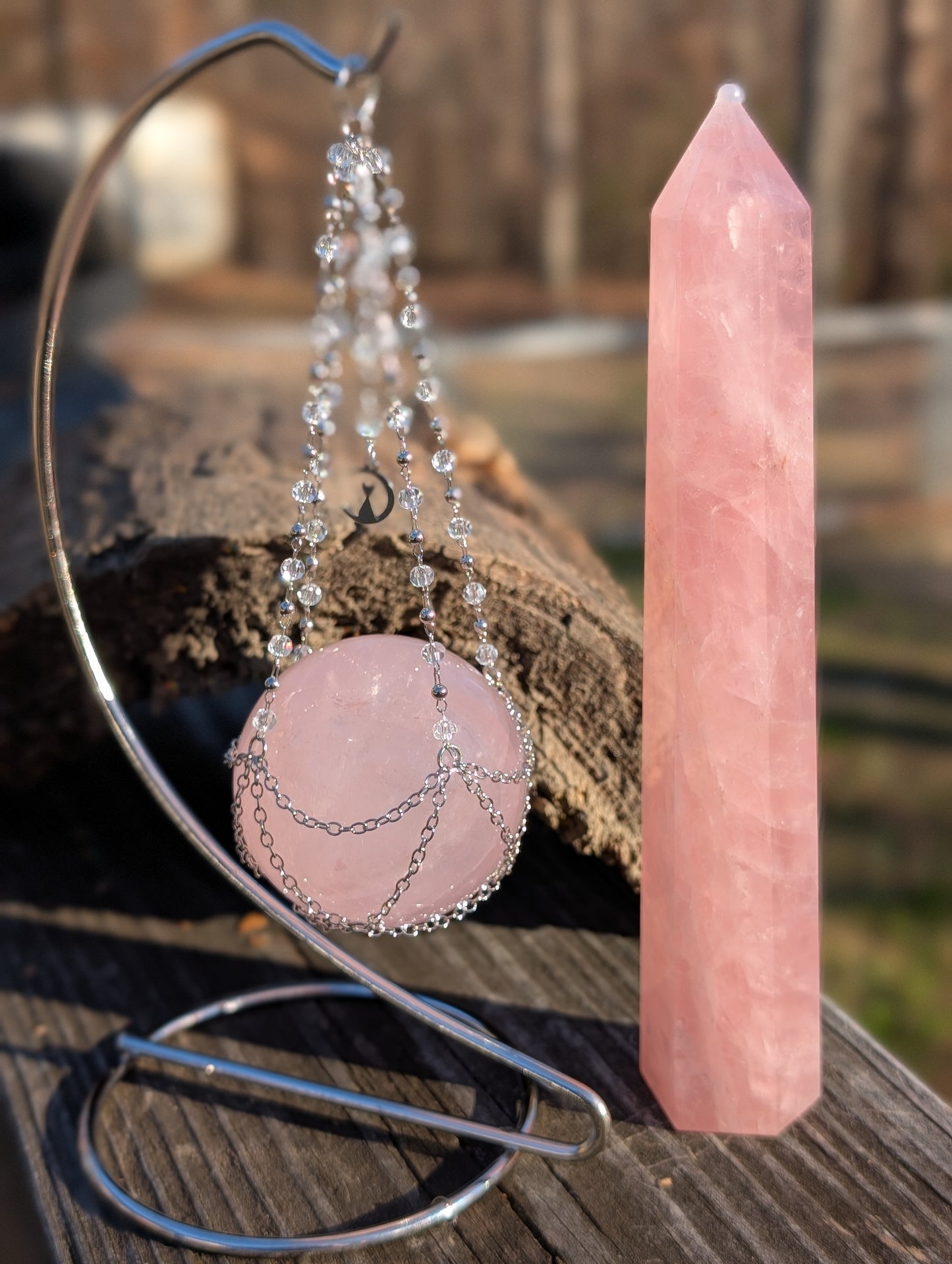 Star Rose Quartz Sphere, Tower & Palm Stone Bundle - With Stand