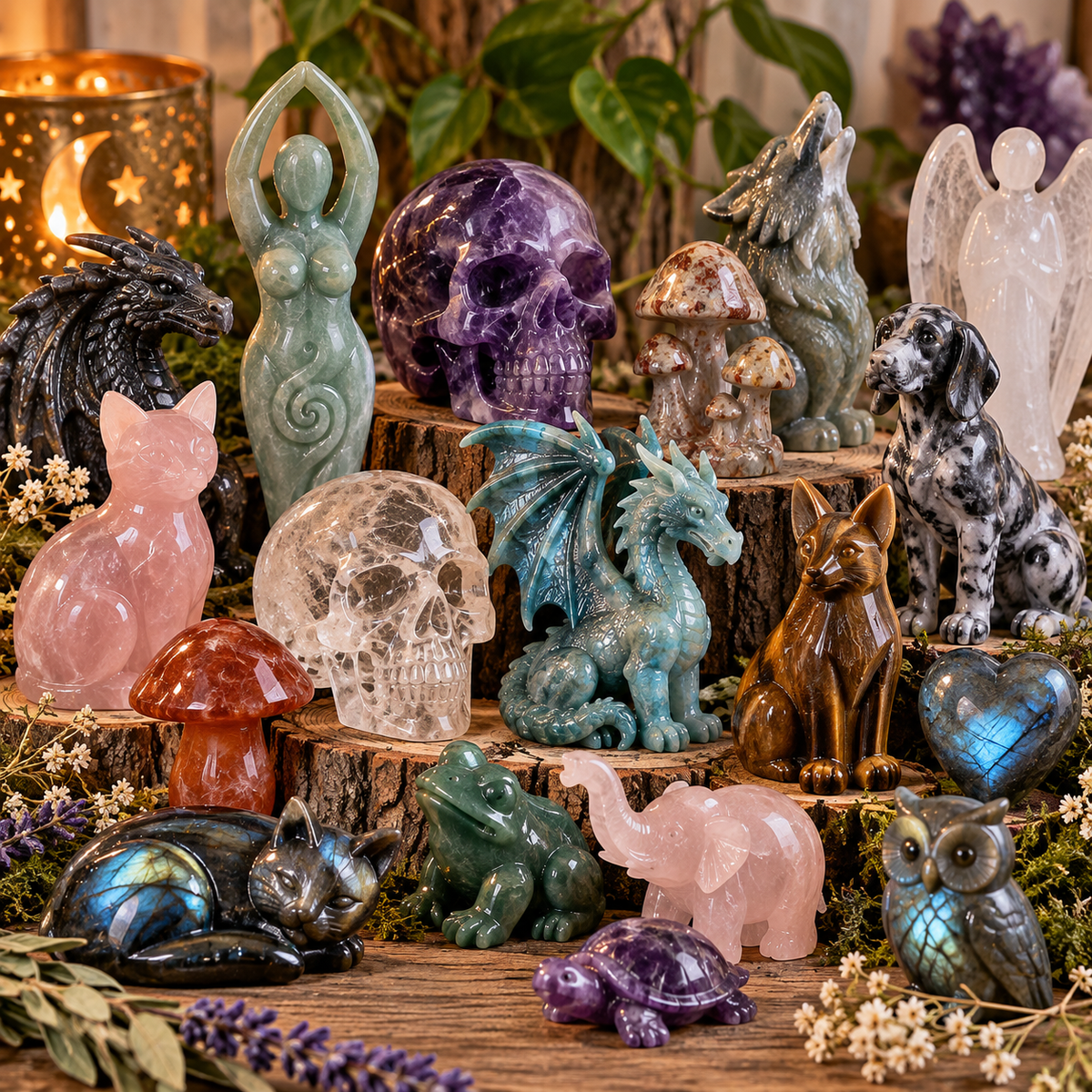 Crystal carvings collection featuring gemstone skulls, dragons, goddess figures, animals and other carved stone designs