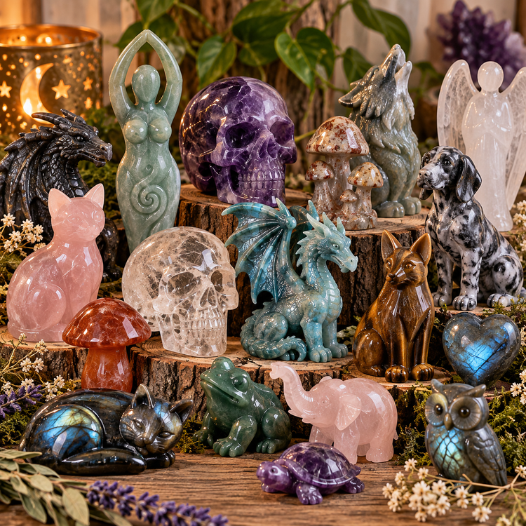 Crystal carvings collection featuring gemstone skulls, dragons, goddess figures, animals and other carved stone designs
