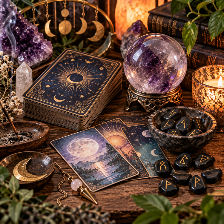 Moon Over Sage divination collection featuring tarot cards, runes, crystal ball and spiritual tools