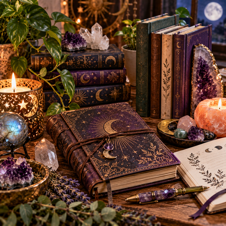 Celestial journals and books displayed with crystals, candles and botanical accents
