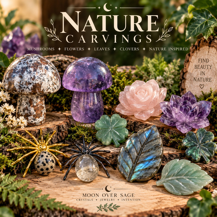 Nature Carvings collection featuring crystal mushrooms, flowers, leaves and clovers from Moon Over Sage