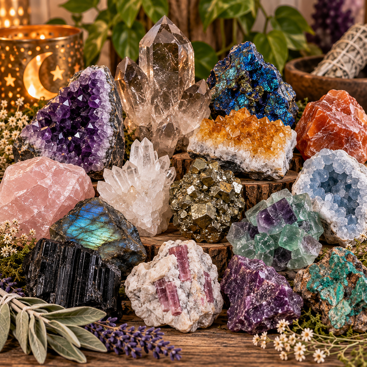 Raw stones and mineral specimens including Amethyst, Quartz, Labradorite, Pyrite, Fluorite and other natural crystals displayed with botanical accents