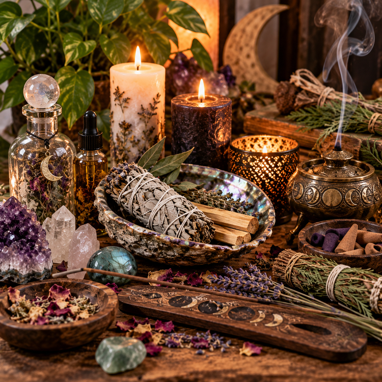 Ritual and cleansing tools with sage, palo santo, incense, candles, crystals and botanical accents