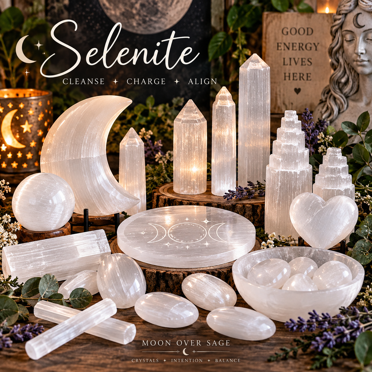 Selenite collection featuring charging plates, towers, spheres, palm stones, wands and other polished Selenite pieces