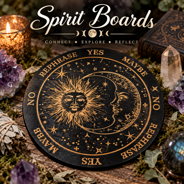 Spirit Boards divination collection featuring a black sun and moon spirit board surrounded by crystals and mystical decor