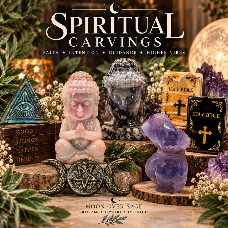 Spiritual crystal carvings featuring Buddhas, goddess figure, Holy Bible carvings and spiritual symbols