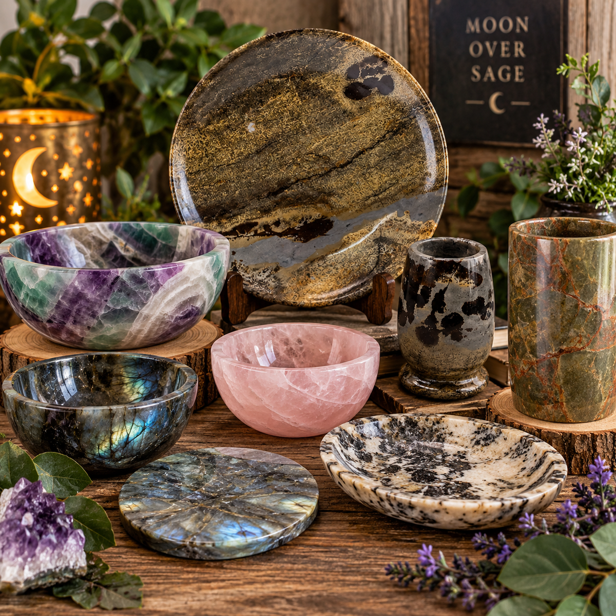 Moon Over Sage Stoneware collection featuring polished natural stone bowls, plates, cups and decorative pieces