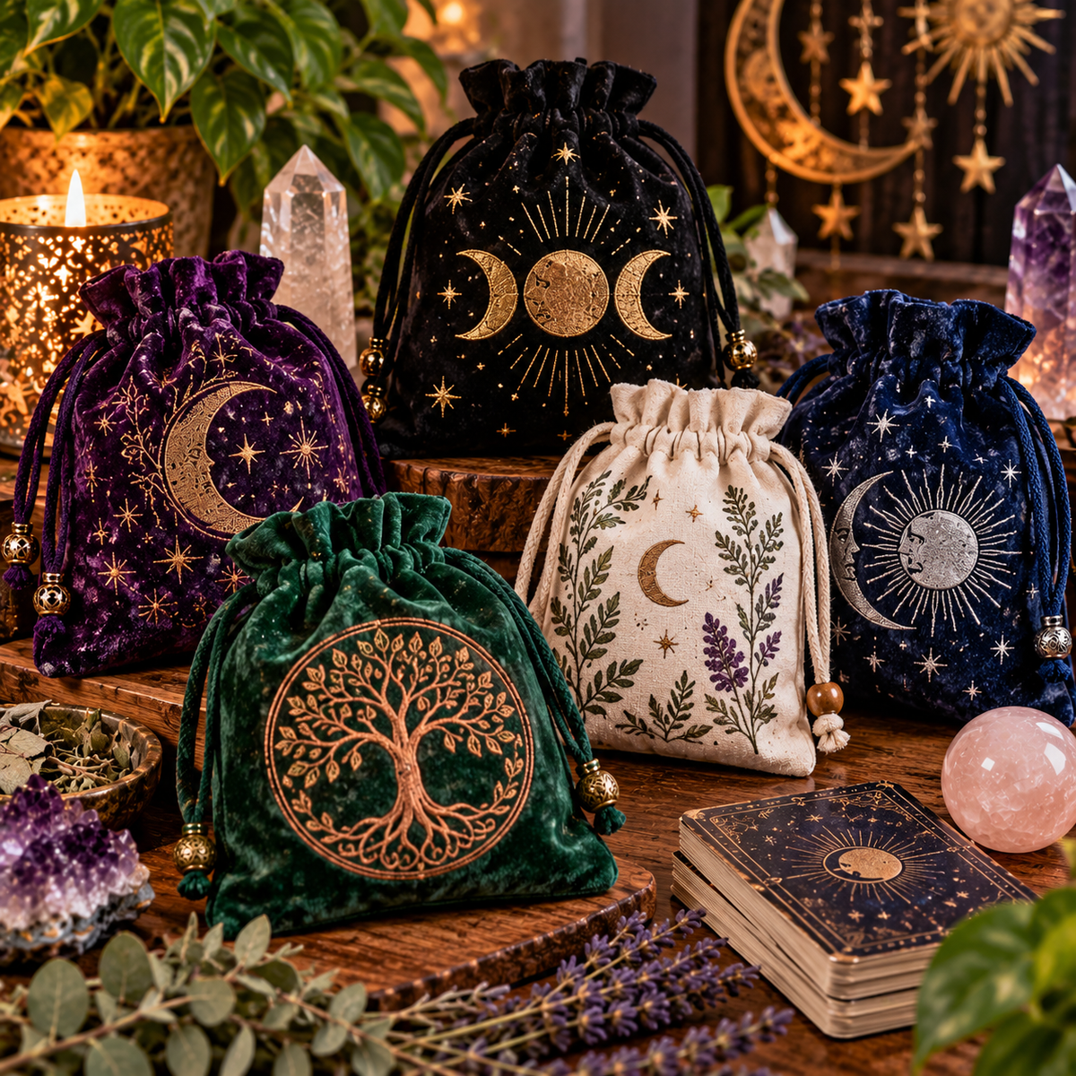 Tarot card bags in assorted colors and celestial designs displayed with crystals and spiritual tools