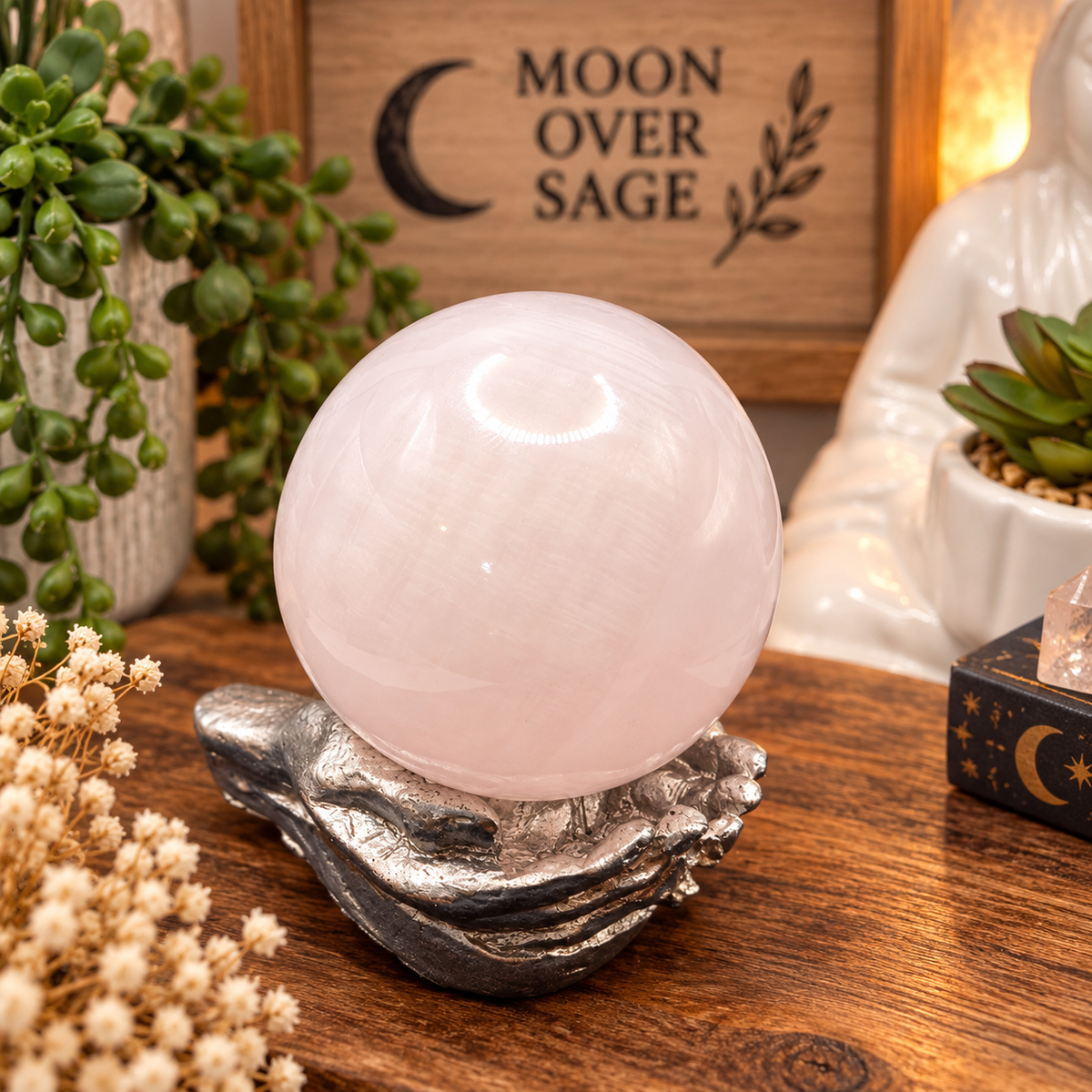 68mm Pink Calcite crystal sphere with soft natural pink coloring displayed on a decorative stand