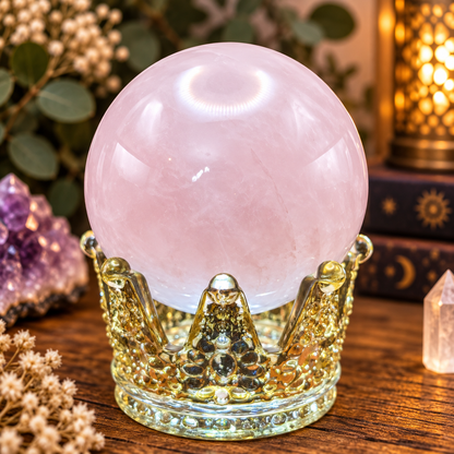 72mm Pink Calcite crystal sphere with soft pale pink coloring displayed on a lighted stand